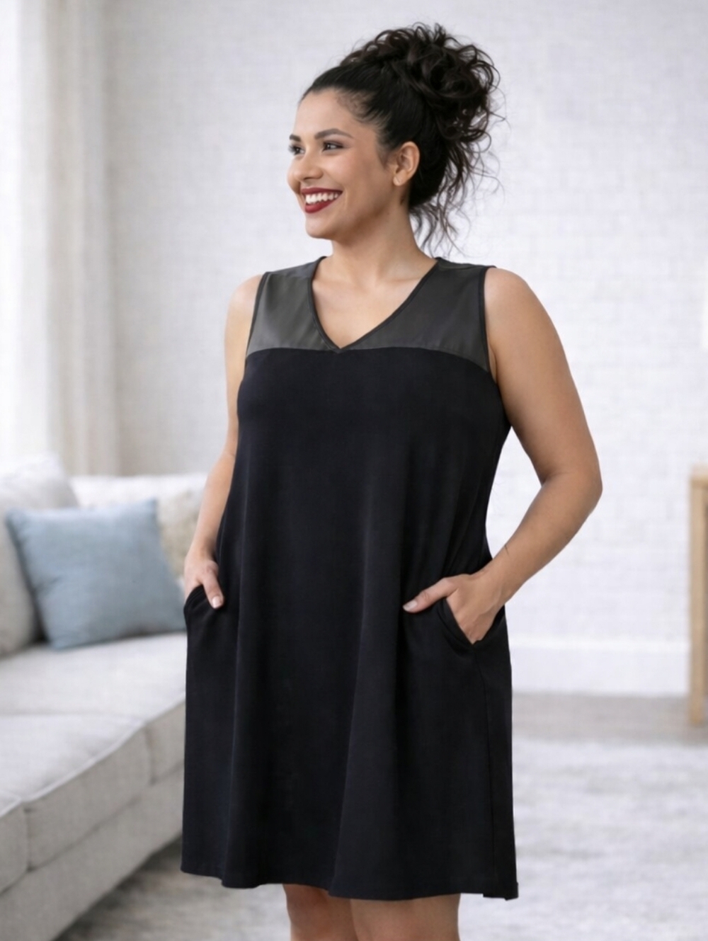 Daisy Fuentes  Black Sleeveless Swing Dress with Satin Detail and Pockets